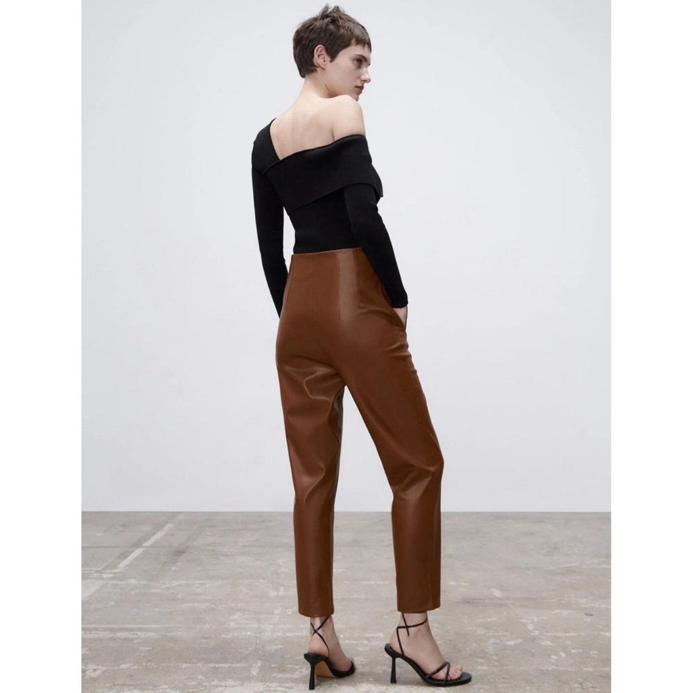 NEW Zara Faux Leather Pants M High Rise Taper Straight Leg Brown Cocktail Dress